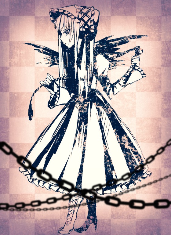 1girl argyle argyle_background argyle_legwear black_rock_shooter_(character) board_game boots broken broken_chain chain chained checkered checkered_background checkered_floor checkered_kimono checkered_scarf checkered_skirt chess_piece clock cuffs diamond_(shape) flail gohei handcuffs himekaidou_hatate image knight_(chess) long_hair mirror monochrome perspective plaid_background pocket_watch shackles shide shimenawa solo suigintou tile_floor tile_wall tiles vanishing_point watch wings