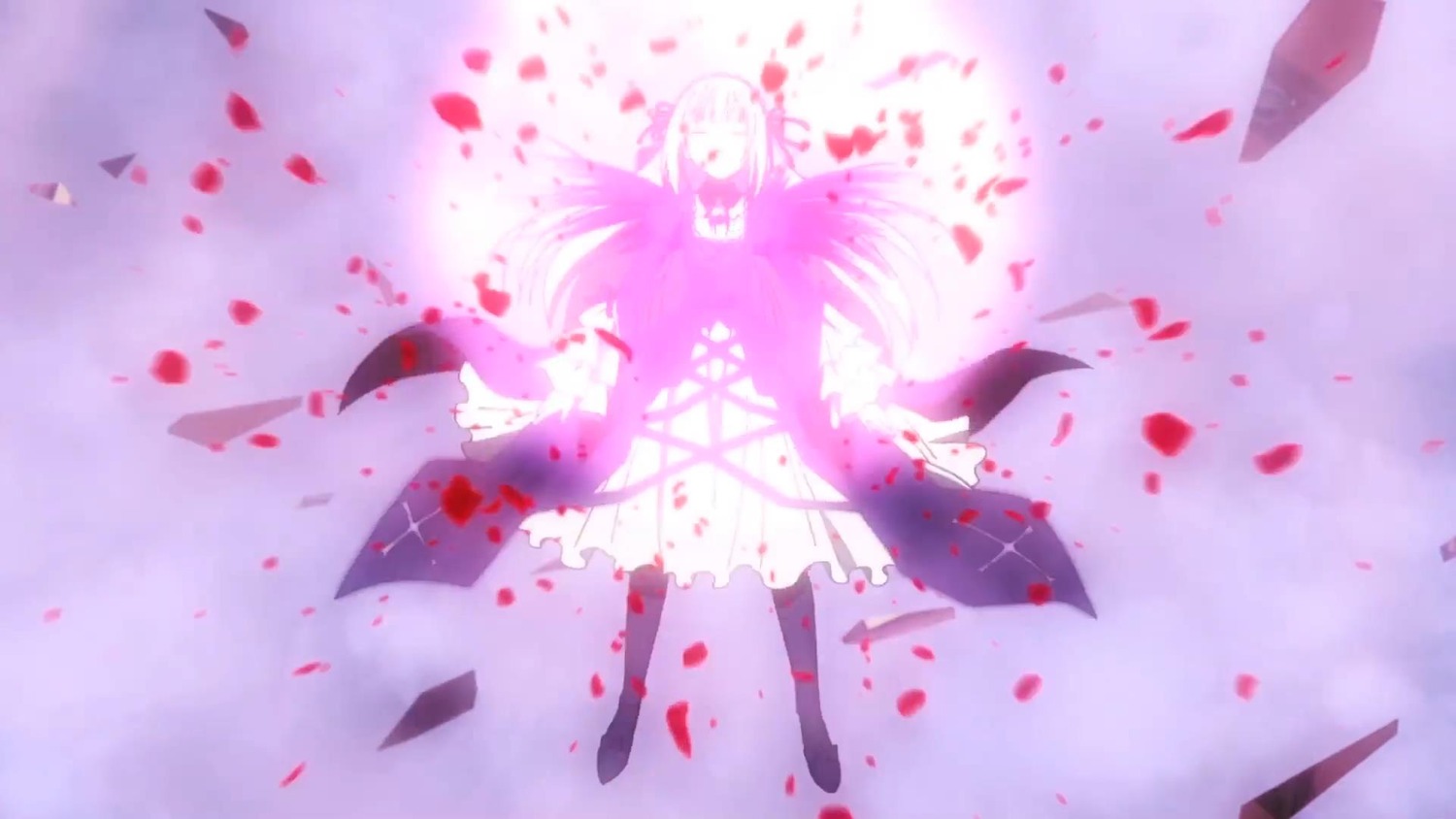 2girls akemi_homura argyle_legwear black_hair bow_(weapon) dress gloves hair_ribbon image kaname_madoka long_hair magical_girl miki_sayaka multiple_girls petals pink_hair reflection ribbon sakura_kyouko short_twintails solo suigintou tears thighhighs two_side_up ultimate_madoka weapon white_gloves white_ribbon