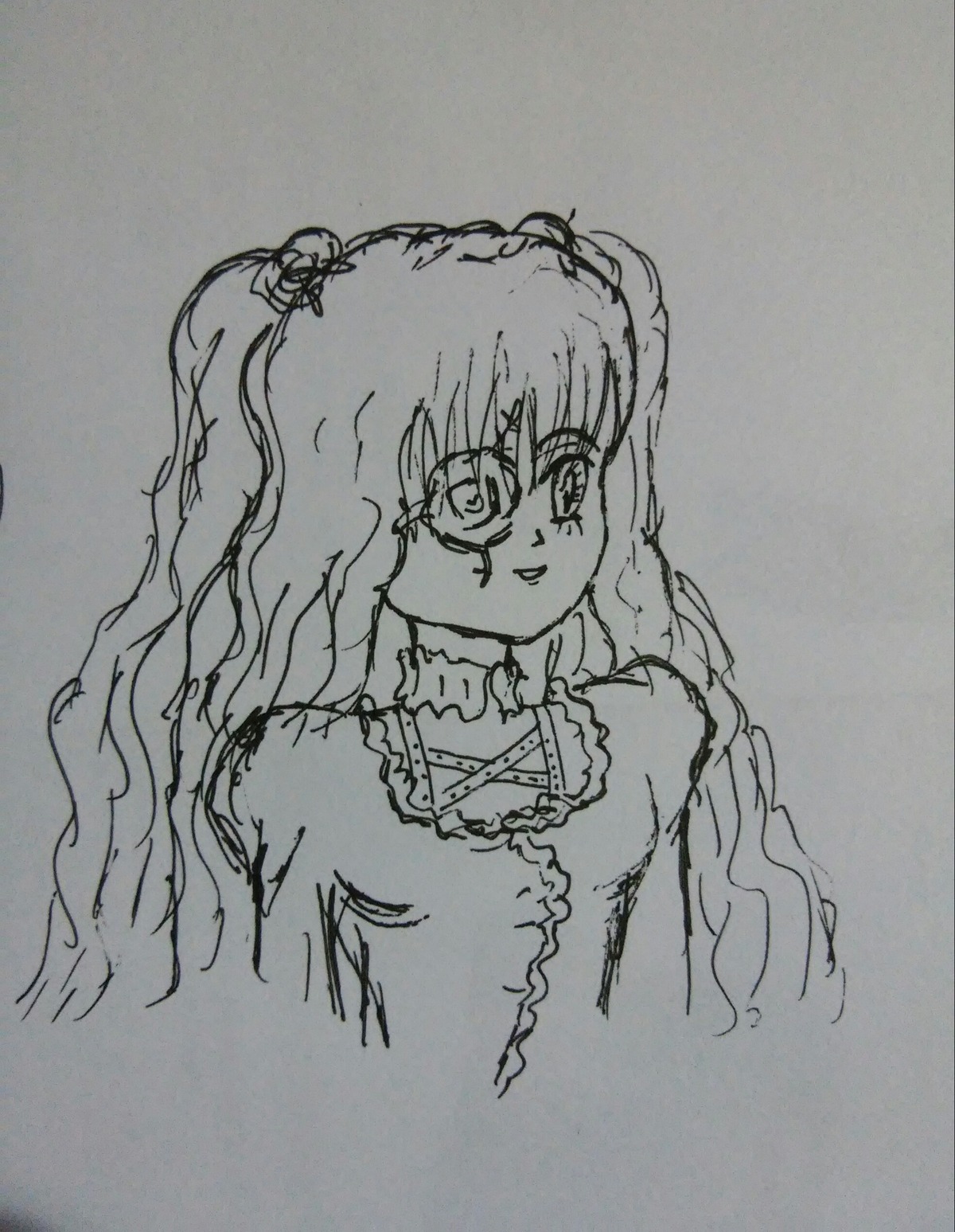 1girl bangs dress image kirakishou long_hair looking_at_viewer monochrome simple_background solo traditional_media upper_body