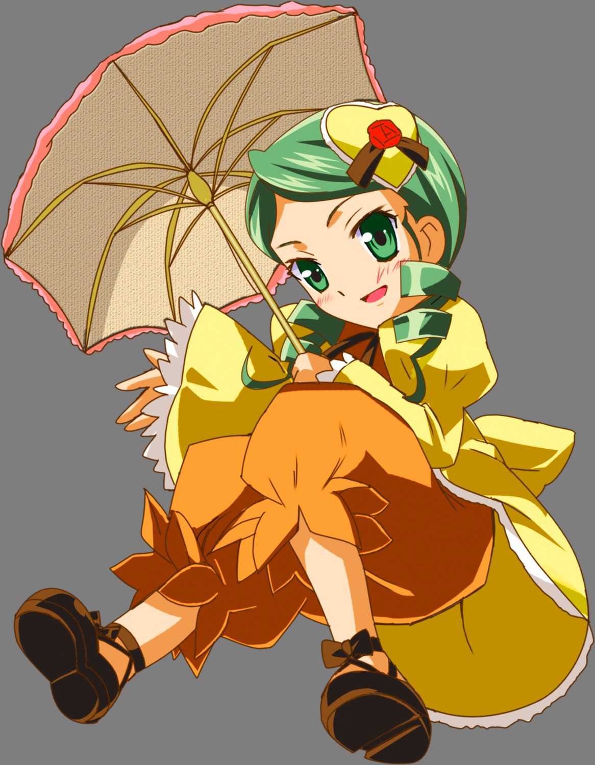 1girl blush dress full_body green_eyes green_hair hair_ornament holding holding_umbrella image kanaria long_sleeves open_mouth parasol smile solo transparent_background umbrella