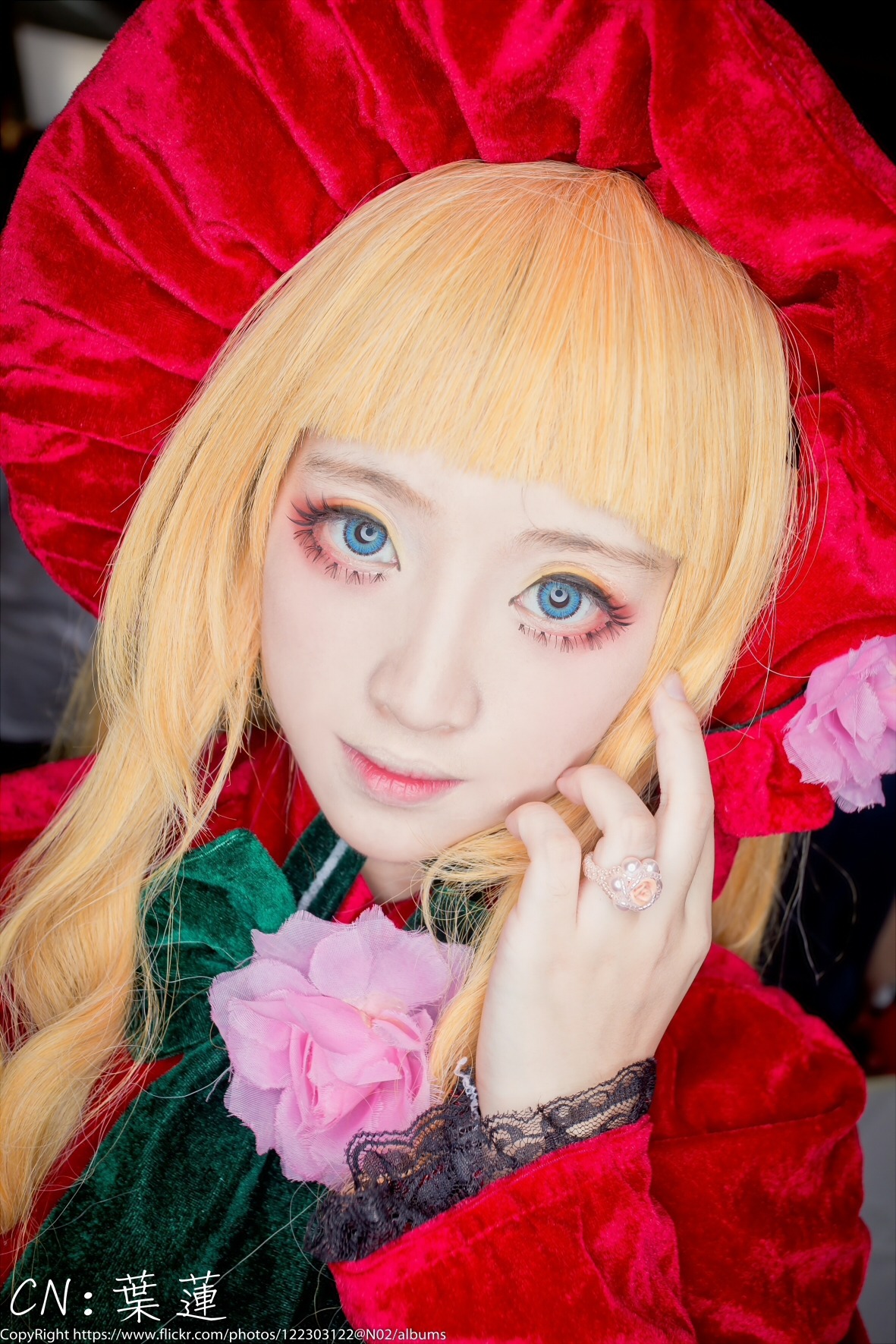 1girl bangs blonde_hair blue_eyes blunt_bangs bow flower hair_bow lips long_hair looking_at_viewer portrait rose shinku smile solo