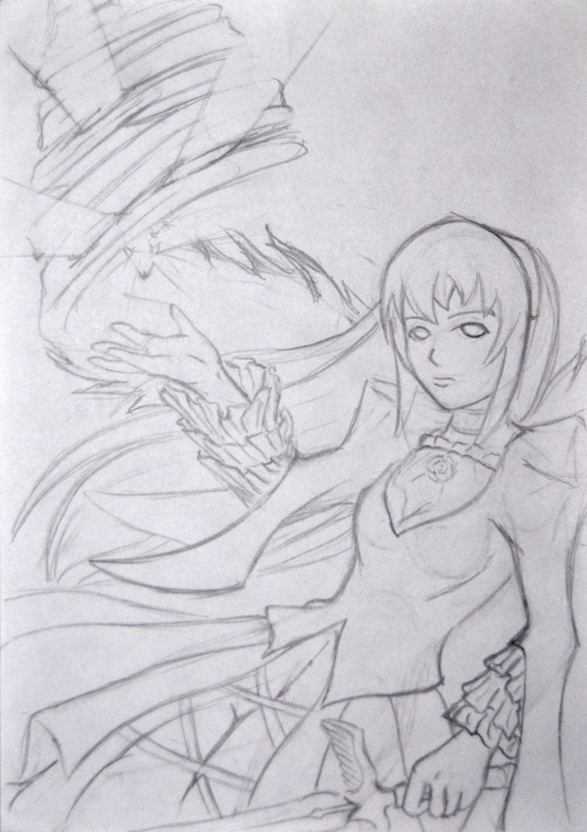 1girl breasts dress image long_hair monochrome ponytail sketch solo suigintou traditional_media
