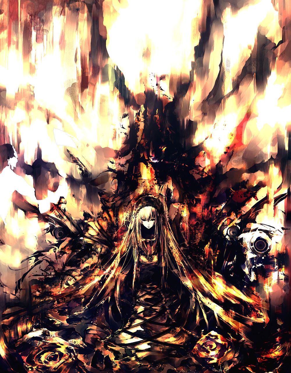 1girl auto_tagged bangs black_dress blonde_hair burning closed_mouth commentary_request cross-laced_clothes doll dress explosion fire flower hairband highres image iori_yakatabako light_frown long_hair long_sleeves pale_skin photoshop_(medium) ribbon rose rozen_maiden shinku sitting solo suigintou very_long_hair yellow_theme
