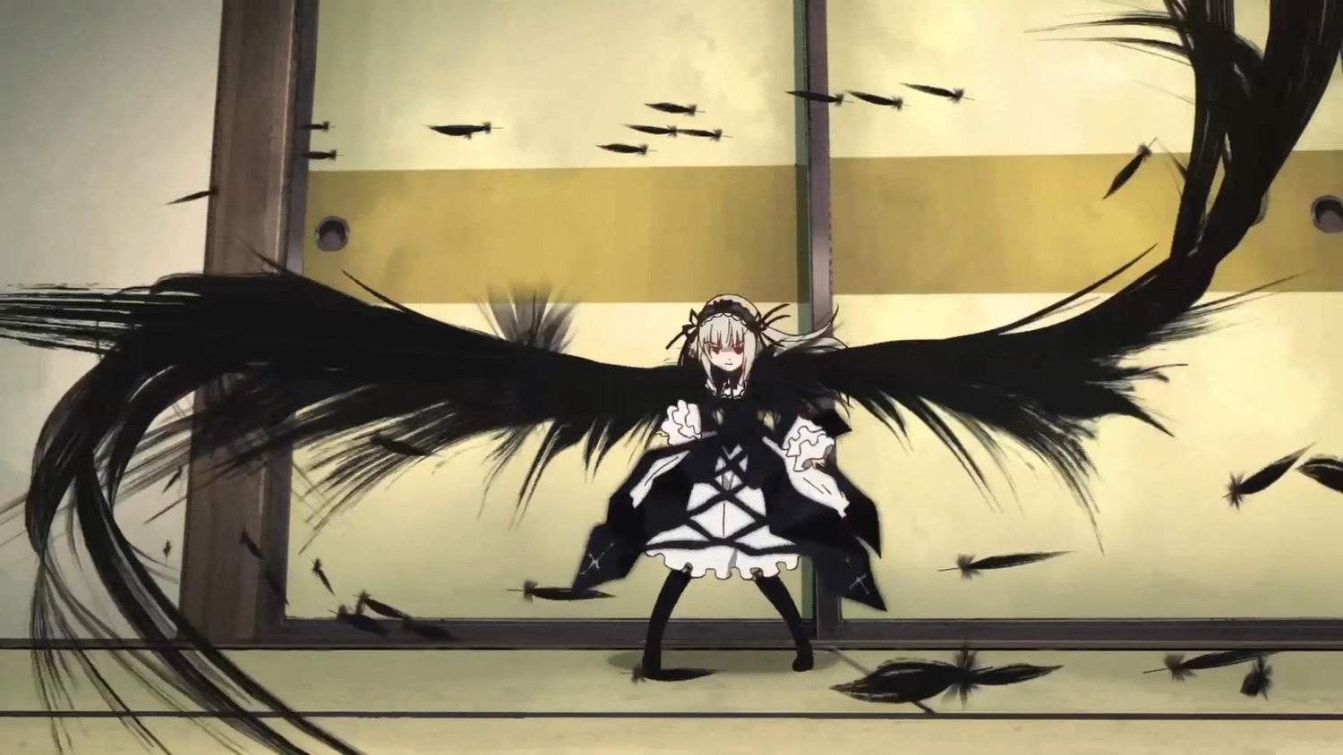 1girl auto_tagged bird black_wings cross dress feathers flower image long_hair long_sleeves rose solo suigintou very_long_hair weapon wings