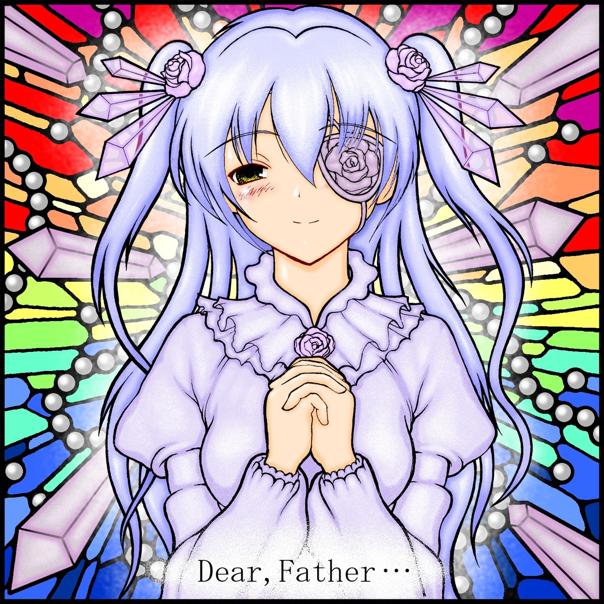 1girl barasuishou blush dress eyepatch flower hair_flower hands_clasped image long_hair looking_at_viewer own_hands_together ribbon rose smile solo