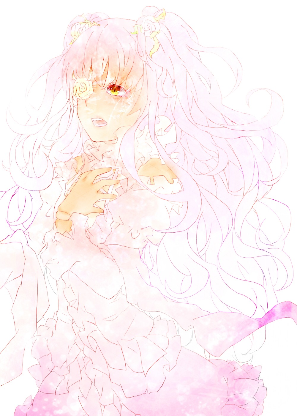 1girl dress flower frills hair_flower hands_on_own_chest image kirakishou long_hair open_mouth pink_hair solo striped tears vertical_stripes