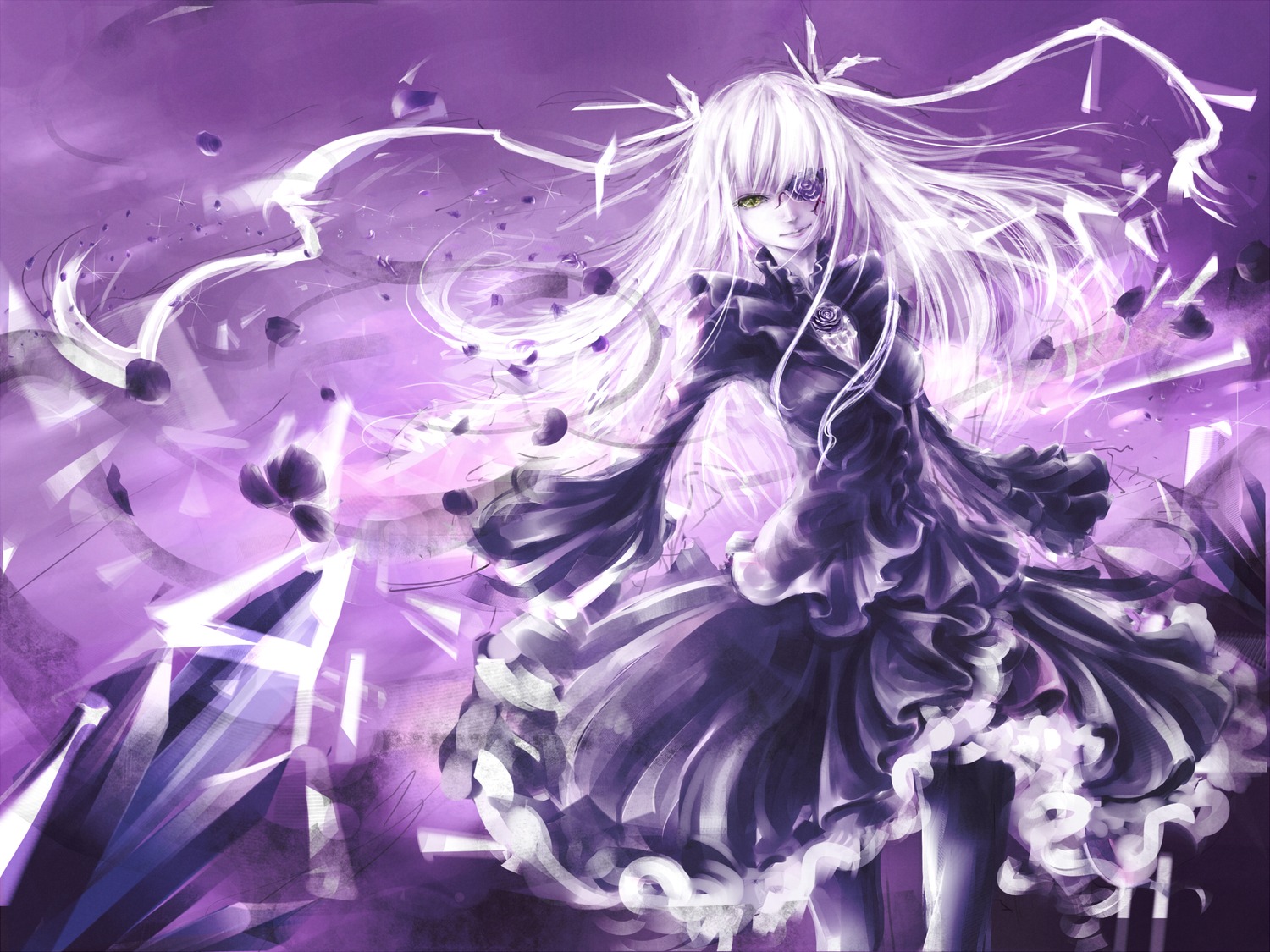 1girl barasuishou black_dress black_legwear dress feathers frills image layered_dress lolita_fashion long_hair long_sleeves pantyhose ribbon solo standing very_long_hair