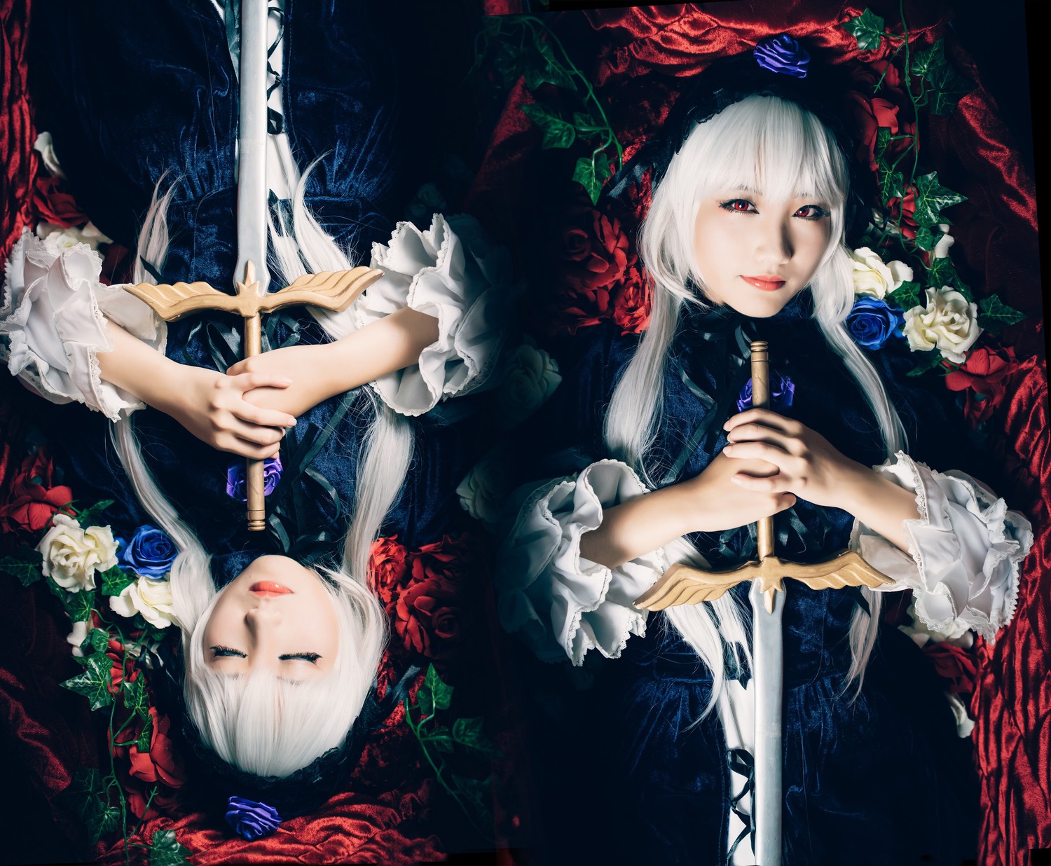 2girls blue_flower blue_rose closed_eyes dress dual_persona fingernails flower hands hood long_hair multiple_girls red_eyes red_lips rose solo suigintou symmetry thorns white_hair white_rose