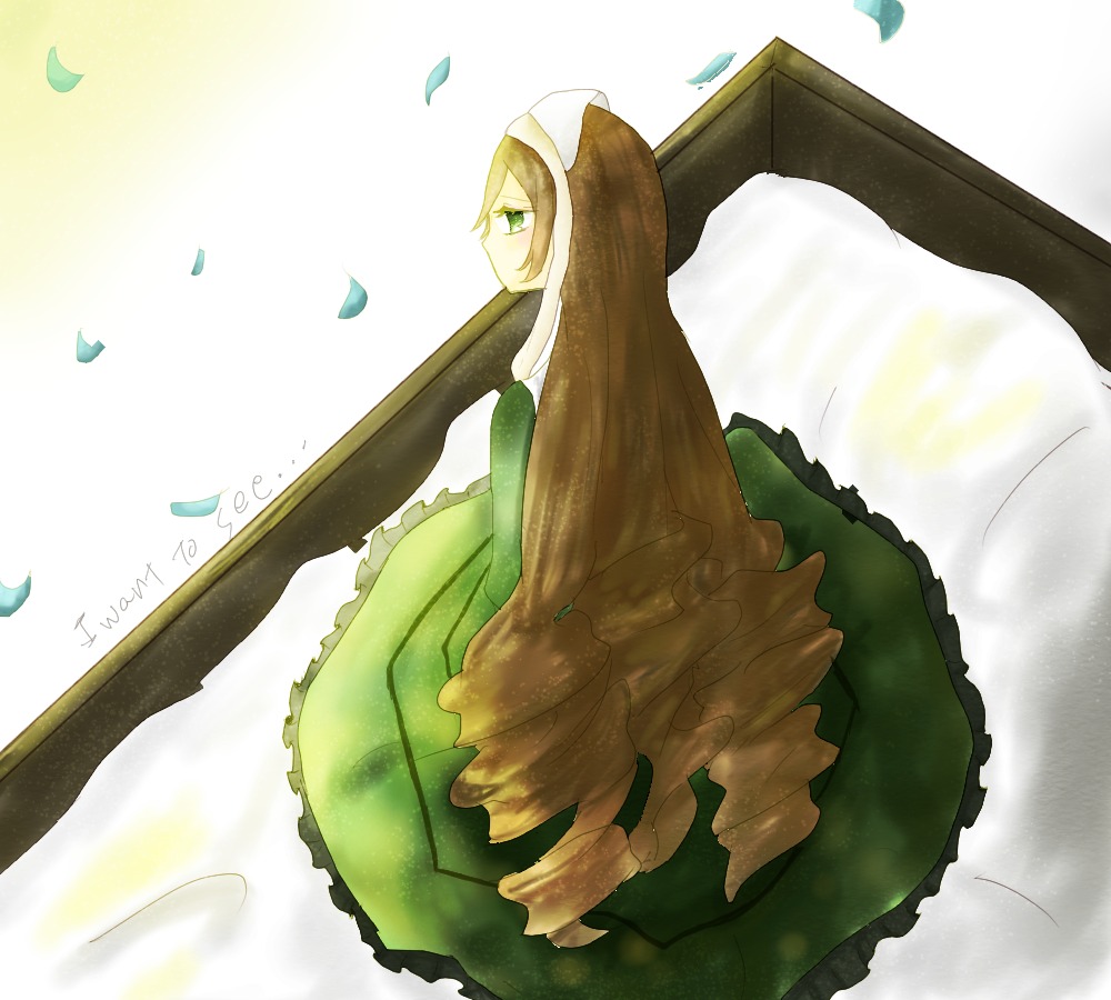 1girl brown_hair dress frills green_dress green_eyes image leaf long_hair long_sleeves petals profile solo suiseiseki