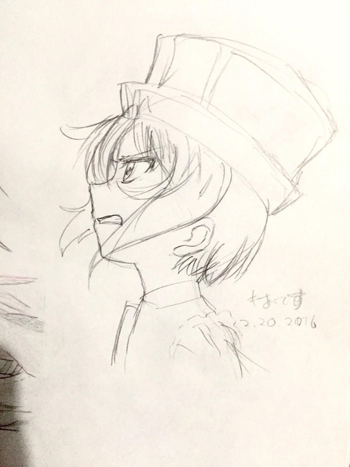 1girl dated hat image monochrome open_mouth profile short_hair sketch solo souseiseki traditional_media uniform