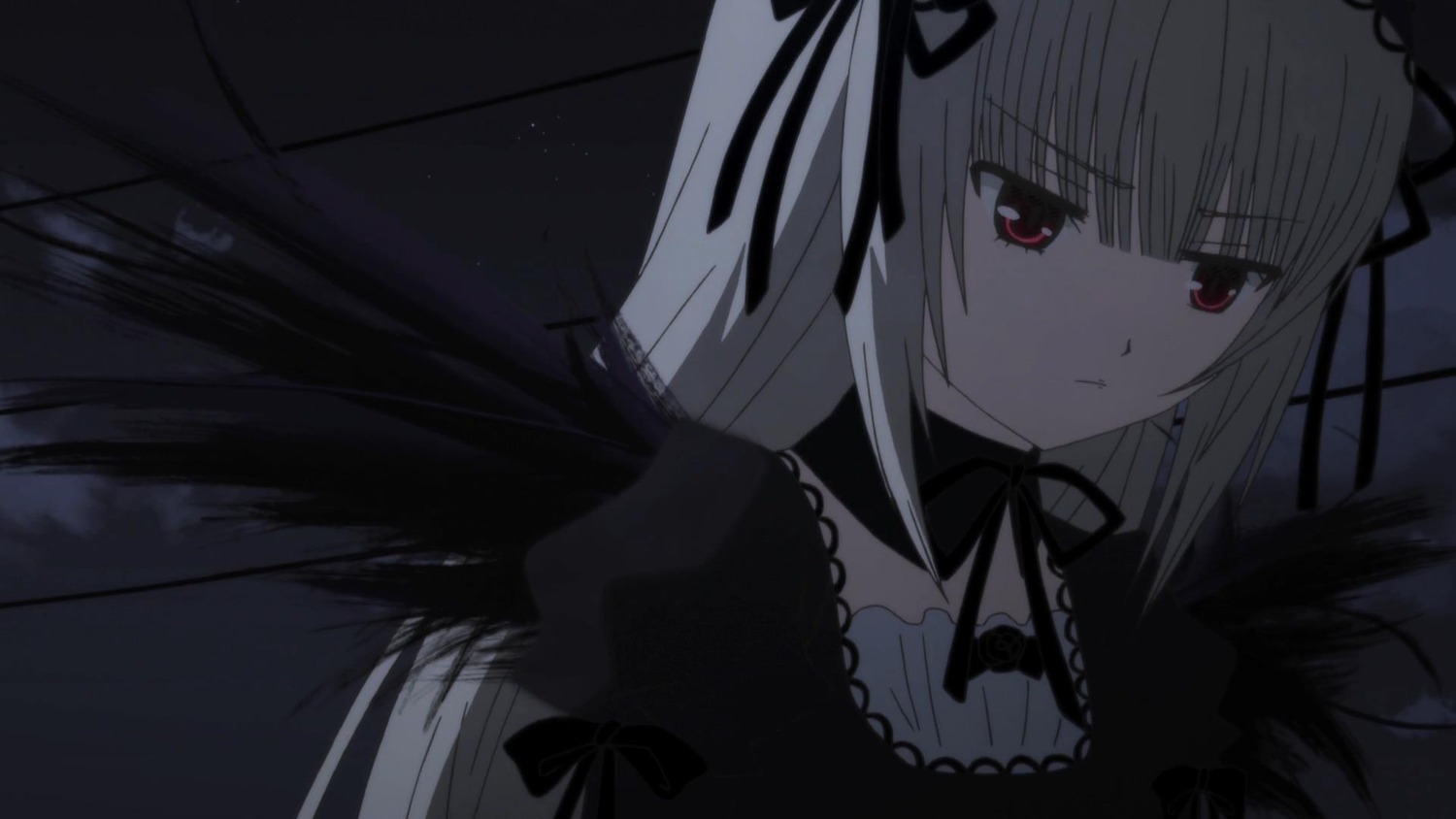 1girl bangs black_ribbon black_wings closed_mouth dress frills hairband image long_hair long_sleeves red_eyes ribbon silver_hair solo suigintou upper_body wings