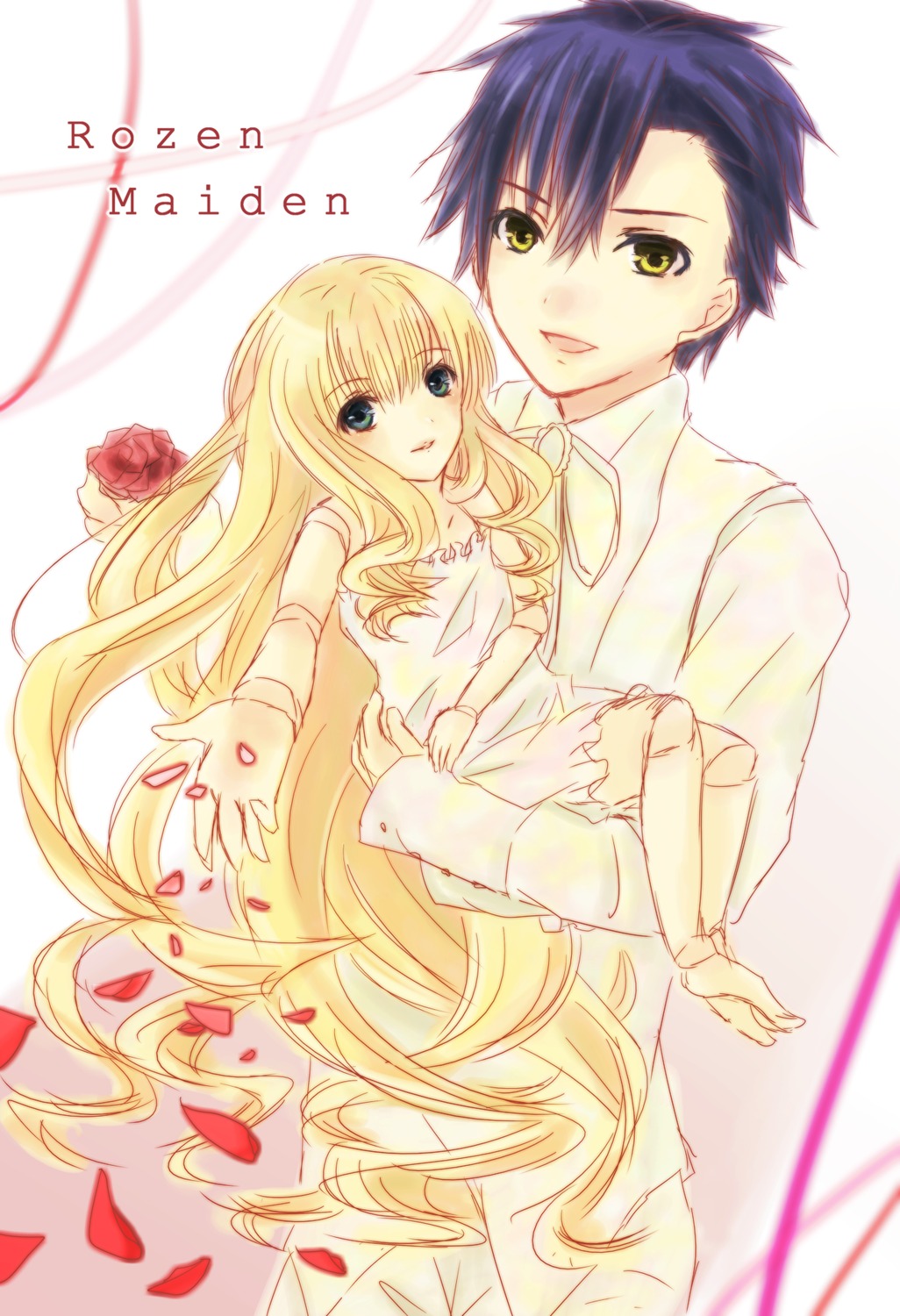 1boy 1girl blonde_hair blue_eyes carrying couple dress flower image long_hair petals princess_carry red_flower red_rose rose shinku solo very_long_hair yellow_eyes