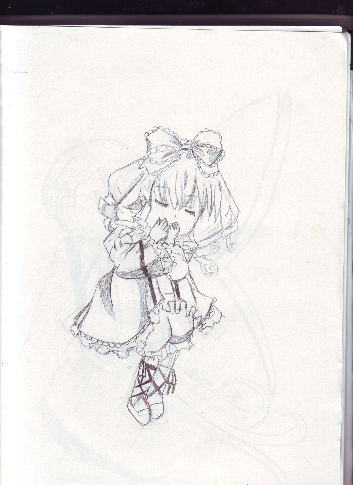 1girl blush bow closed_eyes cross-laced_footwear dress frills front_ponytail hair_bow hair_ribbon hinaichigo image kagiyama_hina monochrome ribbon short_hair solo standing traditional_media