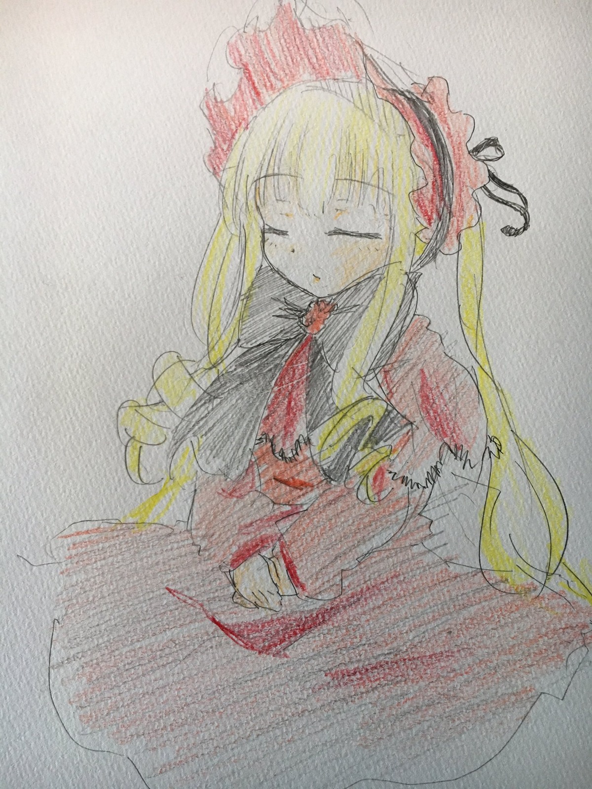1girl blonde_hair closed_eyes dress image long_hair long_sleeves photo shinku solo traditional_media