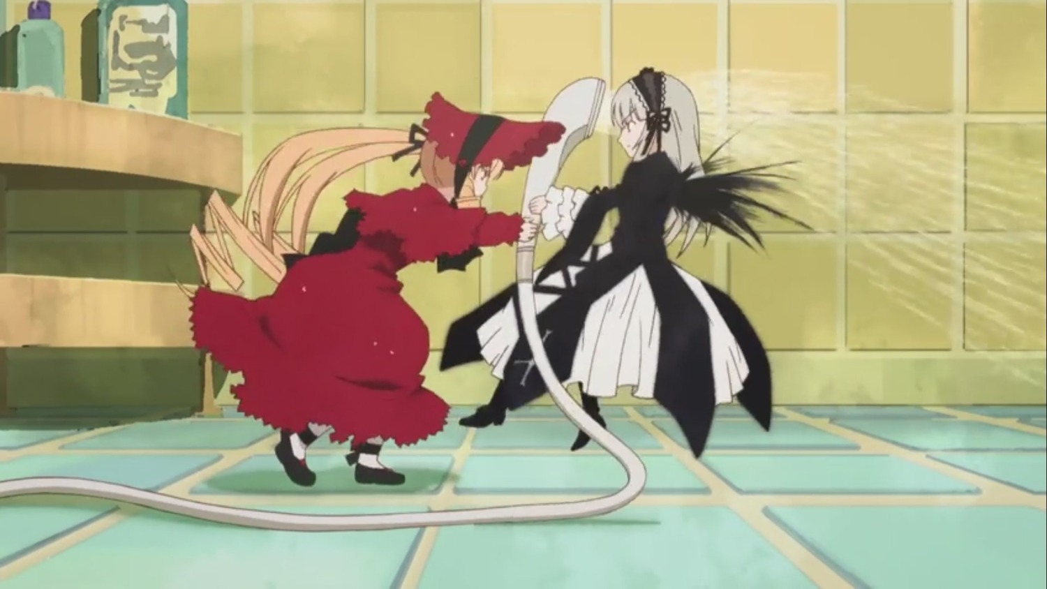 2girls black_wings blonde_hair dress drill_hair frills hairband image long_hair long_sleeves multiple_girls outdoors pair pink_hair profile shinku silver_hair suigintou very_long_hair wings