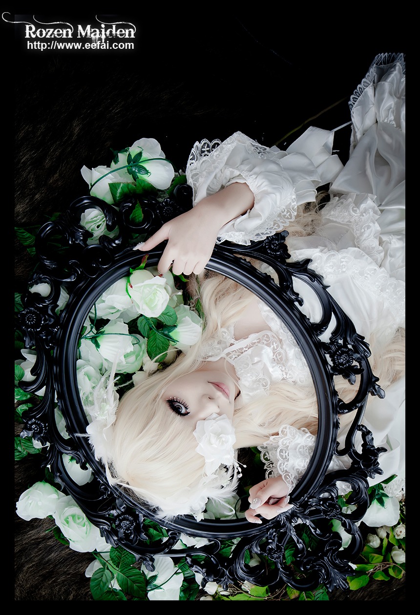 1girl blonde_hair blue_eyes dress flower hair_over_one_eye kirakishou lace lips plant rose solo upper_body white_dress