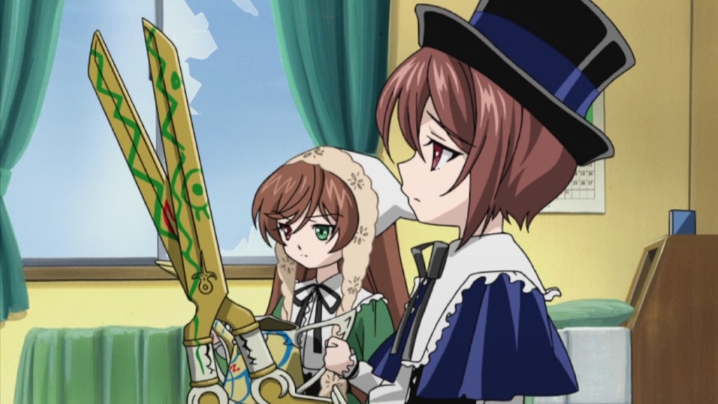 2girls brown_hair curtains dress green_dress green_eyes hat heterochromia image indoors long_hair long_sleeves multiple_girls pair red_eyes scissors short_hair siblings sisters souseiseki suiseiseki twins window