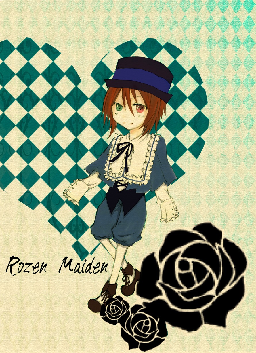 1girl argyle argyle_background brown_hair checkered checkered_background checkered_floor chess_piece dress flower green_eyes hat heterochromia image perspective red_eyes rose short_hair solo souseiseki tile_floor tiles