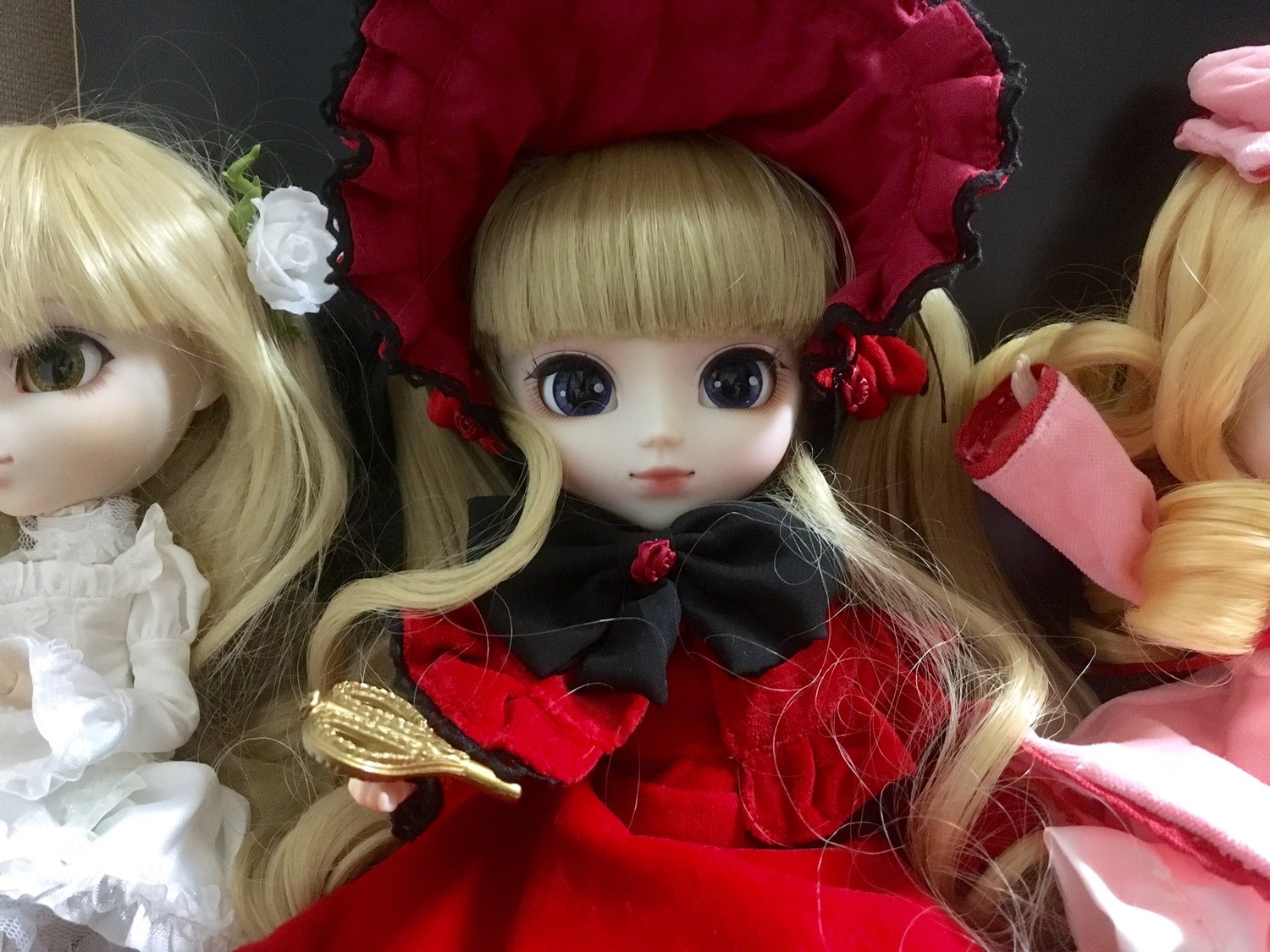 2girls bangs blonde_hair blue_eyes bonnet bow doll dress flower food hat long_hair looking_at_viewer multiple_dolls multiple_girls shinku tagme upper_body