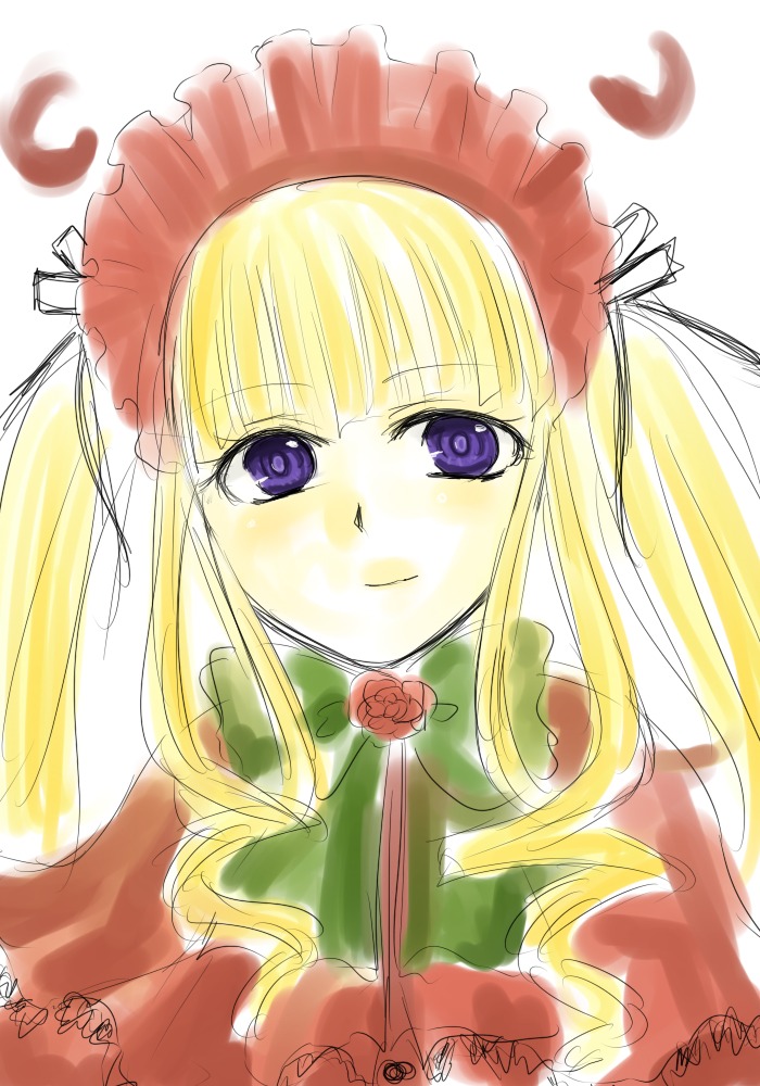 1girl bangs blonde_hair blush bonnet bow bowtie flower green_bow image long_hair looking_at_viewer rose shinku sidelocks signature simple_background smile solo twintails upper_body white_background