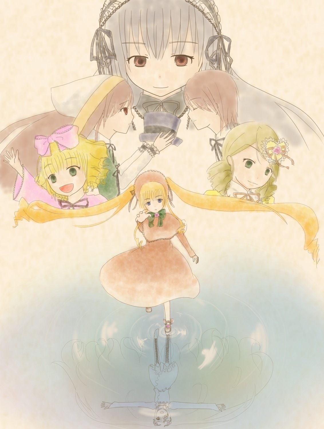 6+girls blonde_hair blue_eyes bow brown_hair dress green_eyes hat hina_ichigo image long_hair multiple multiple_boys multiple_girls pink_bow shinku short_hair smile suigintou tagme