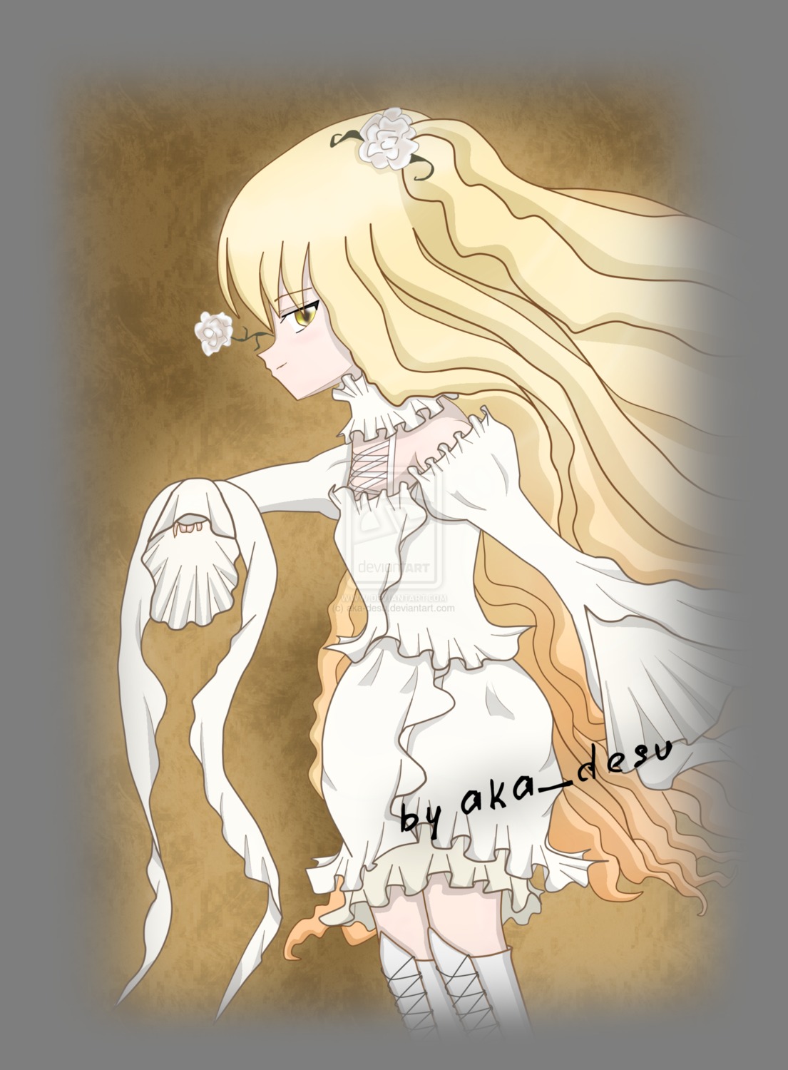 1girl blonde_hair boots dress flower frills hair_flower hair_ornament image kirakishou knee_boots letterboxed long_hair profile sitting solo very_long_hair white_dress white_footwear yellow_eyes