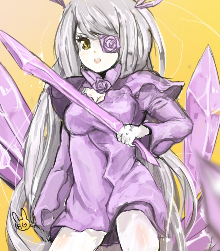 1girl barasuishou breasts dress eyepatch flower image long_hair long_sleeves purple_flower rose solo very_long_hair