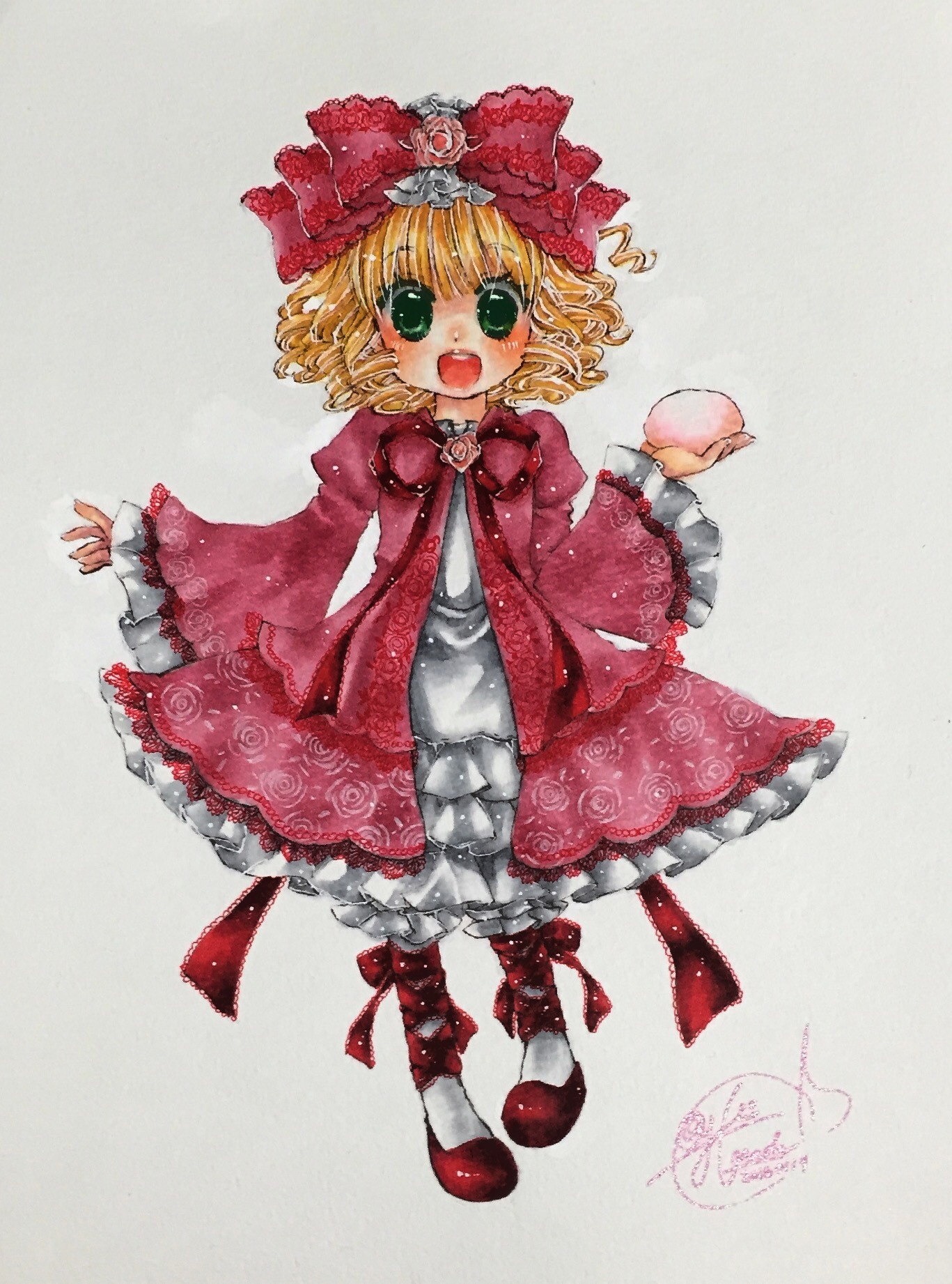 1girl apple blonde_hair bow dress food frills fruit full_body green_eyes hina_ichigo hinaichigo image long_sleeves open_mouth pantyhose pink_bow red_dress red_footwear shoes short_hair smile solo