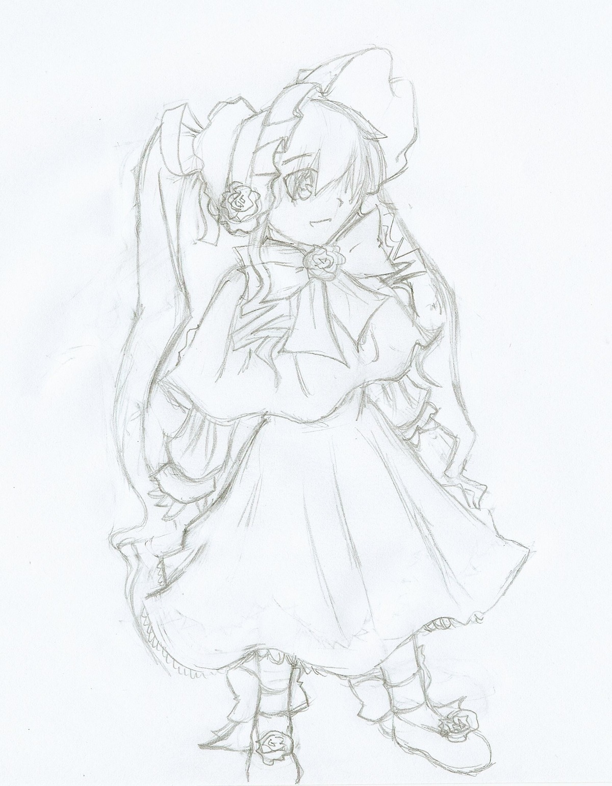 1girl bat_wings bow dress flower full_body hair_over_one_eye image long_sleeves monochrome rose shinku short_hair sketch smile solo standing wings