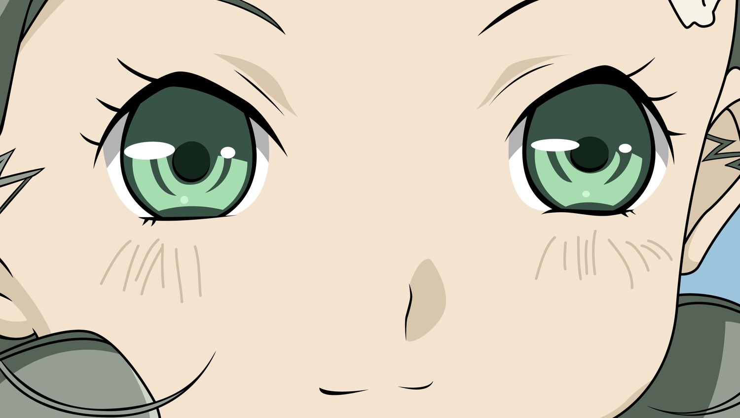 1girl blonde_hair close-up eyebrows_visible_through_hair face green_eyes grey_hair hair_between_eyes image kanaria komeiji_koishi looking_at_viewer parody simple_background solo