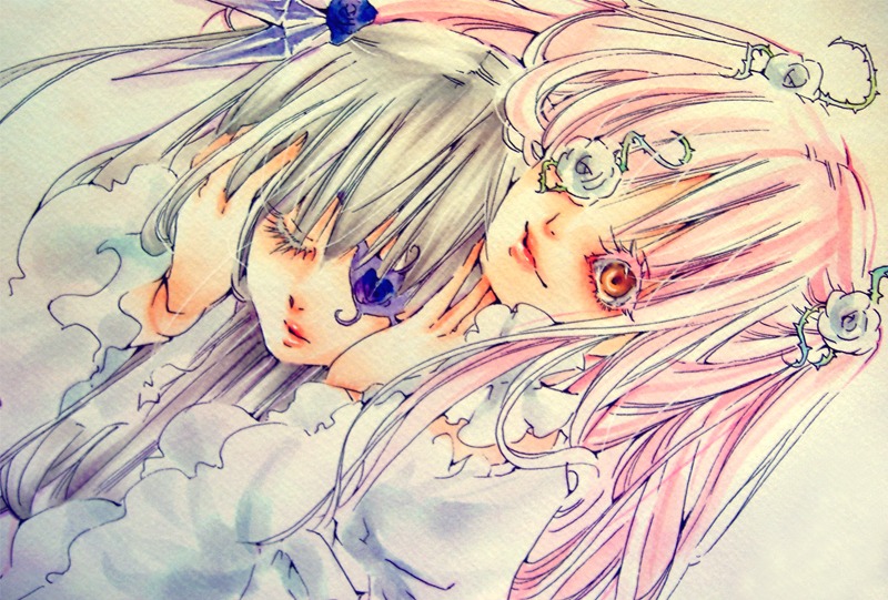 2girls barasuishou eyepatch flower hair_flower hair_ornament image kirakishou lips long_hair multiple_girls pair pink_hair rose traditional_media watercolor_(medium)