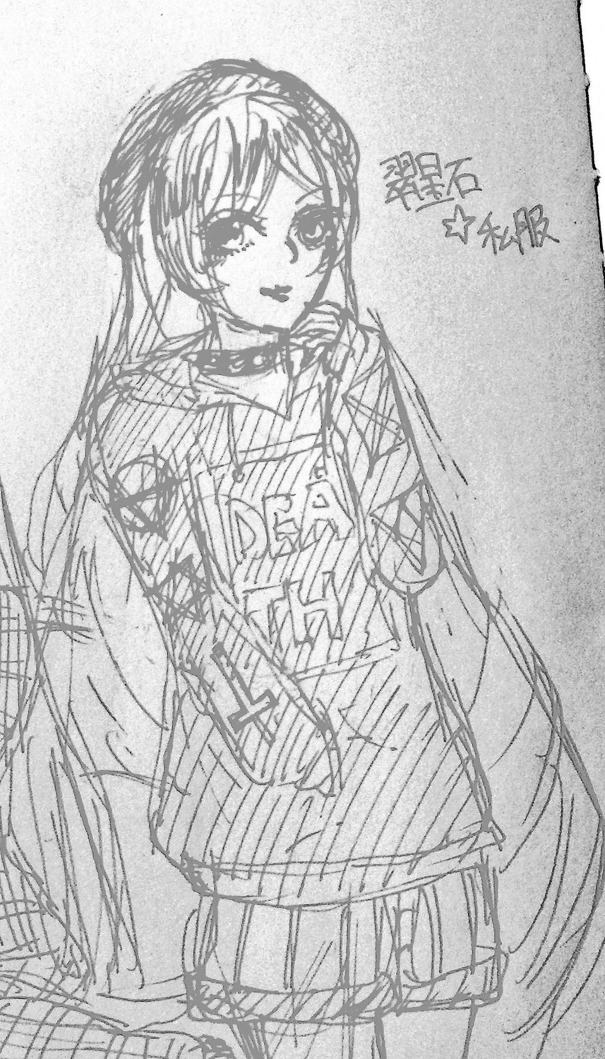 1girl choker greyscale image long_hair looking_at_viewer monochrome sketch skirt solo suiseiseki very_long_hair