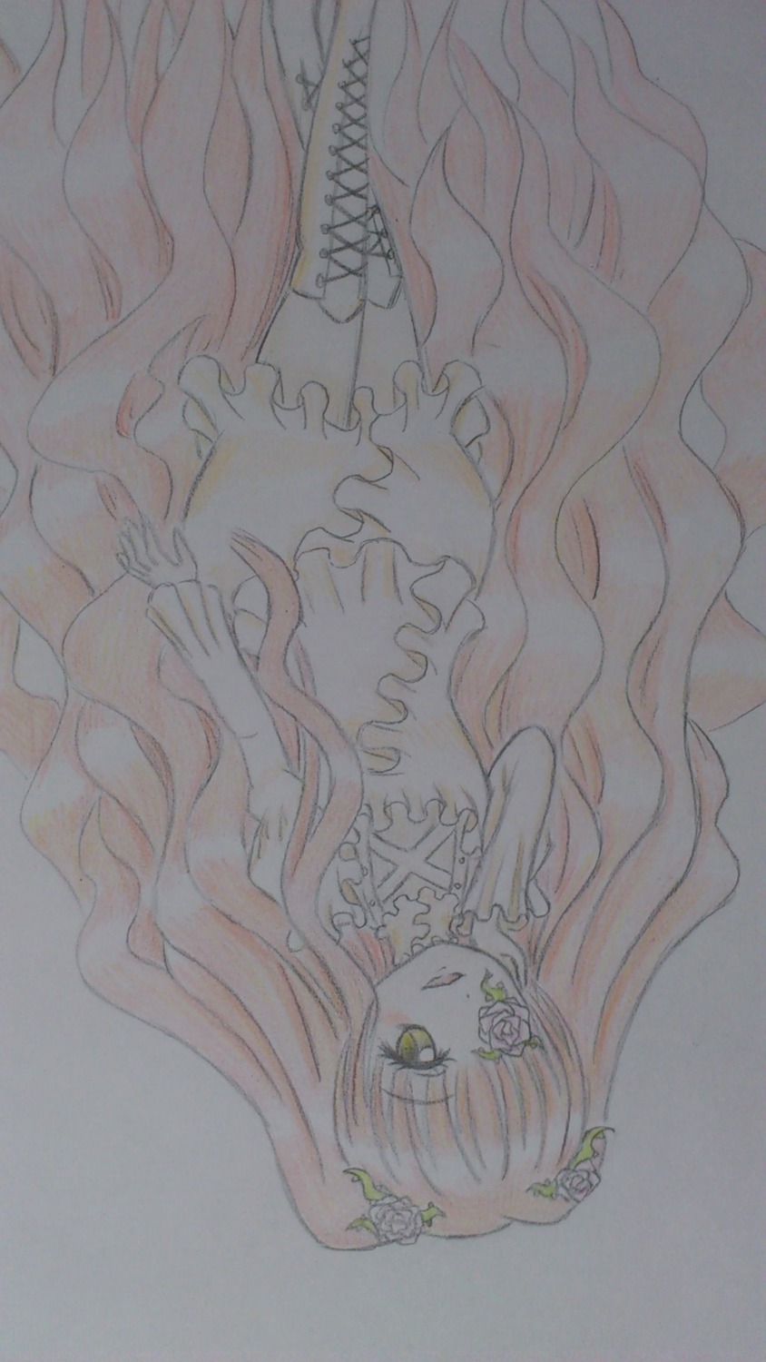 1girl boots cross-laced_footwear dress flower frills full_body hair_flower image kirakishou long_hair pink_hair rose solo traditional_media two_side_up very_long_hair vines watercolor_(medium) wavy_hair yellow_eyes