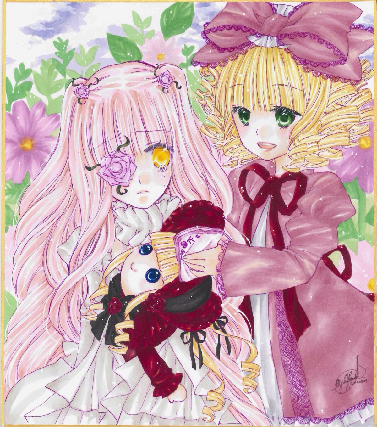 3girls blonde_hair blue_eyes bow dress drill_hair flower frills hat hina_ichigo hinaichigo image kirakishou long_hair long_sleeves looking_at_viewer marker_(medium) multiple_girls pair pink_bow red_dress rose shinku short_hair silver_hair smile traditional_media twin_drills twintails very_long_hair watercolor_(medium) yellow_eyes