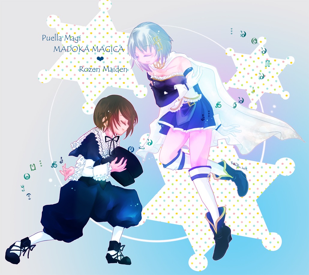 2girls blue_hair boots cape closed_eyes dress dual_persona gloves hair_ornament hairclip image magical_girl miki_sayaka multiple_girls musical_note pantyhose polka_dot short_hair solo souseiseki striped white_legwear