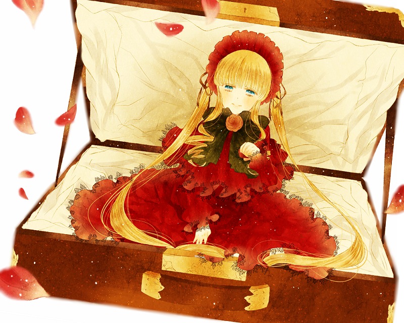 1girl blonde_hair blue_eyes blush bonnet cup curtains dress flower image long_hair petals rose shinku sitting solo twintails very_long_hair