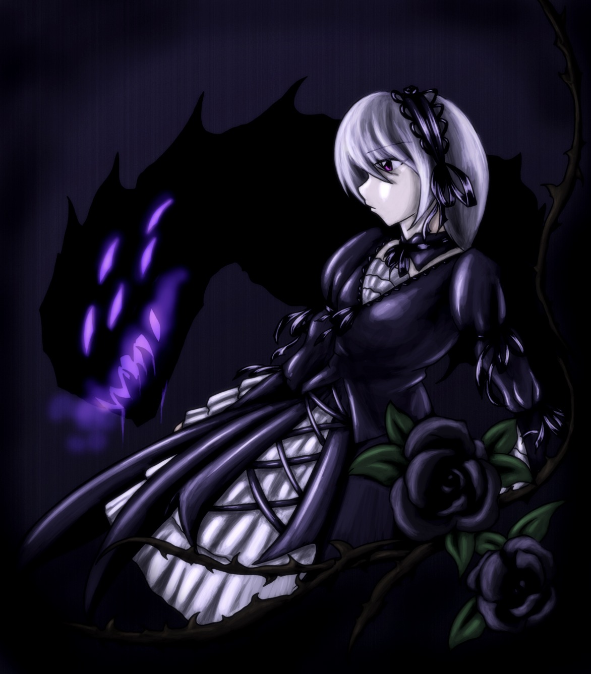 1girl auto_tagged black_background dress flower frills hairband image long_sleeves puffy_sleeves rose solo suigintou wings