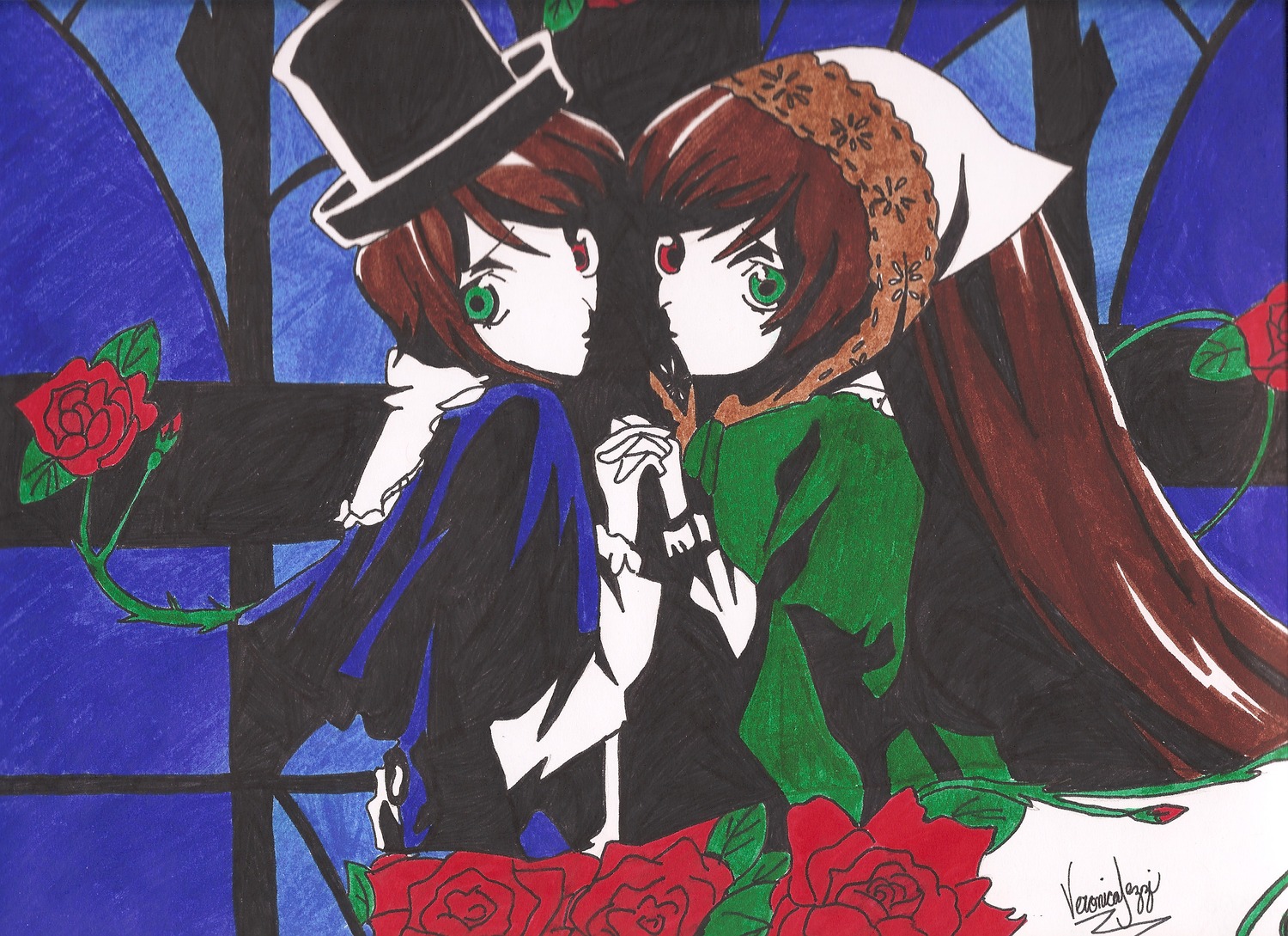 2girls brown_hair dress flower green_eyes hat heterochromia holding_hands image interlocked_fingers long_hair long_sleeves looking_at_viewer multiple_girls pair red_eyes red_flower red_rose rose short_hair siblings sisters souseiseki suiseiseki thorns top_hat twins