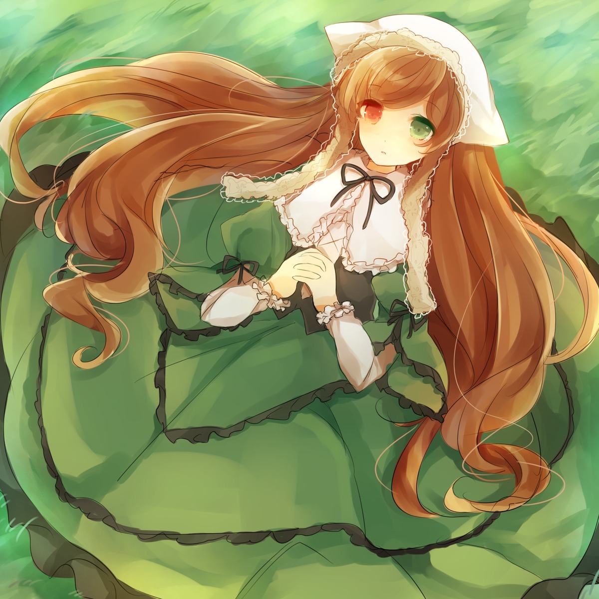 1girl brown_hair dress frills green_dress green_eyes heterochromia image long_hair long_sleeves looking_at_viewer red_eyes ribbon solo suiseiseki very_long_hair