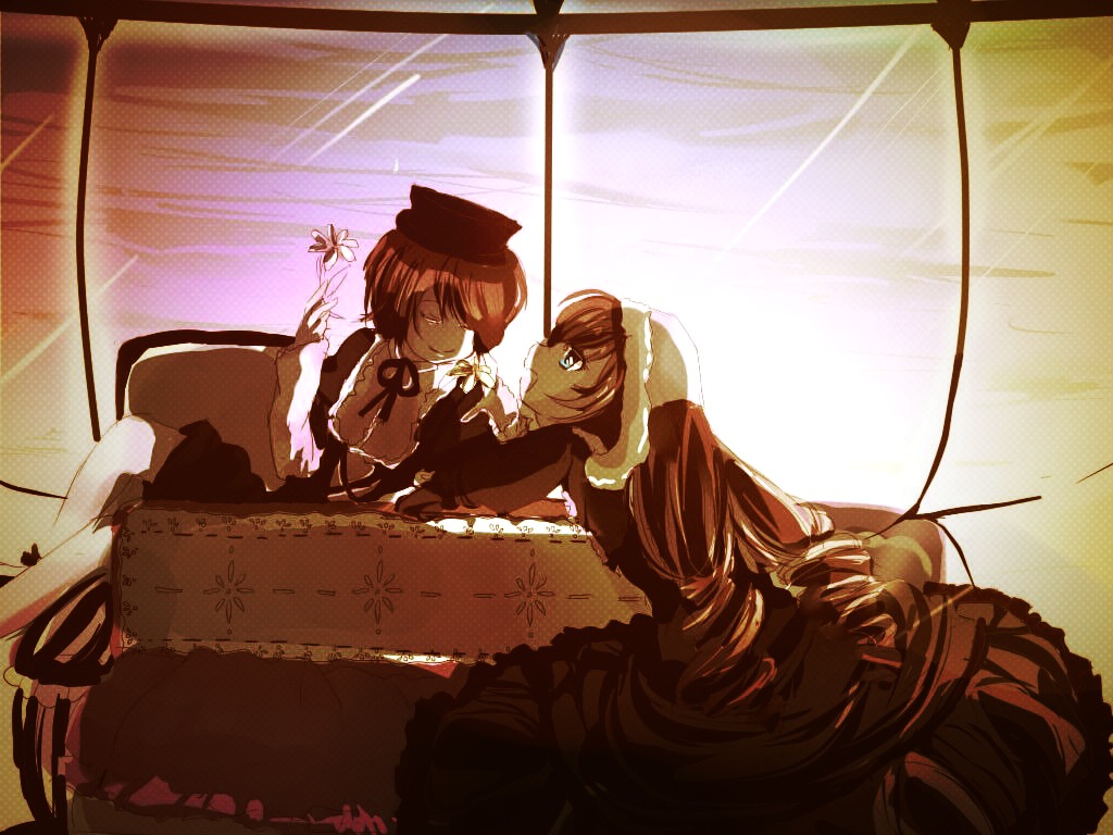 2girls auto_tagged blonde_hair brown_hair closed_eyes dress drill_hair hat image long_hair multiple_girls pair short_hair siblings sisters souseiseki suiseiseki twins very_long_hair