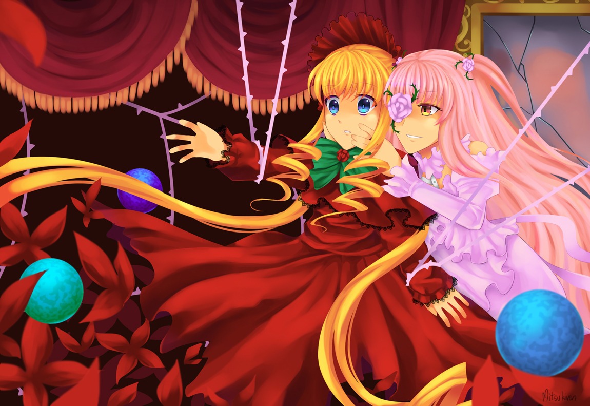 2girls blonde_hair blue_eyes bow dress drill_hair flower frills grin image kirakishou long_hair long_sleeves multiple_girls pair pink_hair red_dress shinku smile very_long_hair yellow_eyes