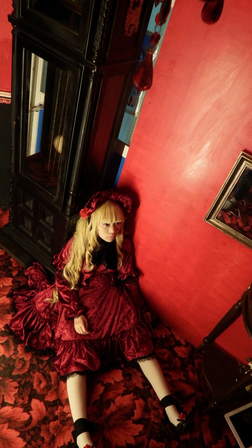 1girl barefoot blonde_hair dress flower long_hair red_dress red_theme rose shinku sitting solo