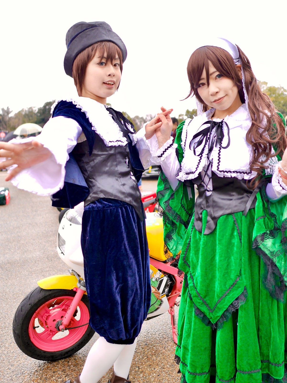 2girls brown_hair dress food hat holding_hands long_hair multiple_cosplay multiple_girls pants pantyhose ribbon tagme