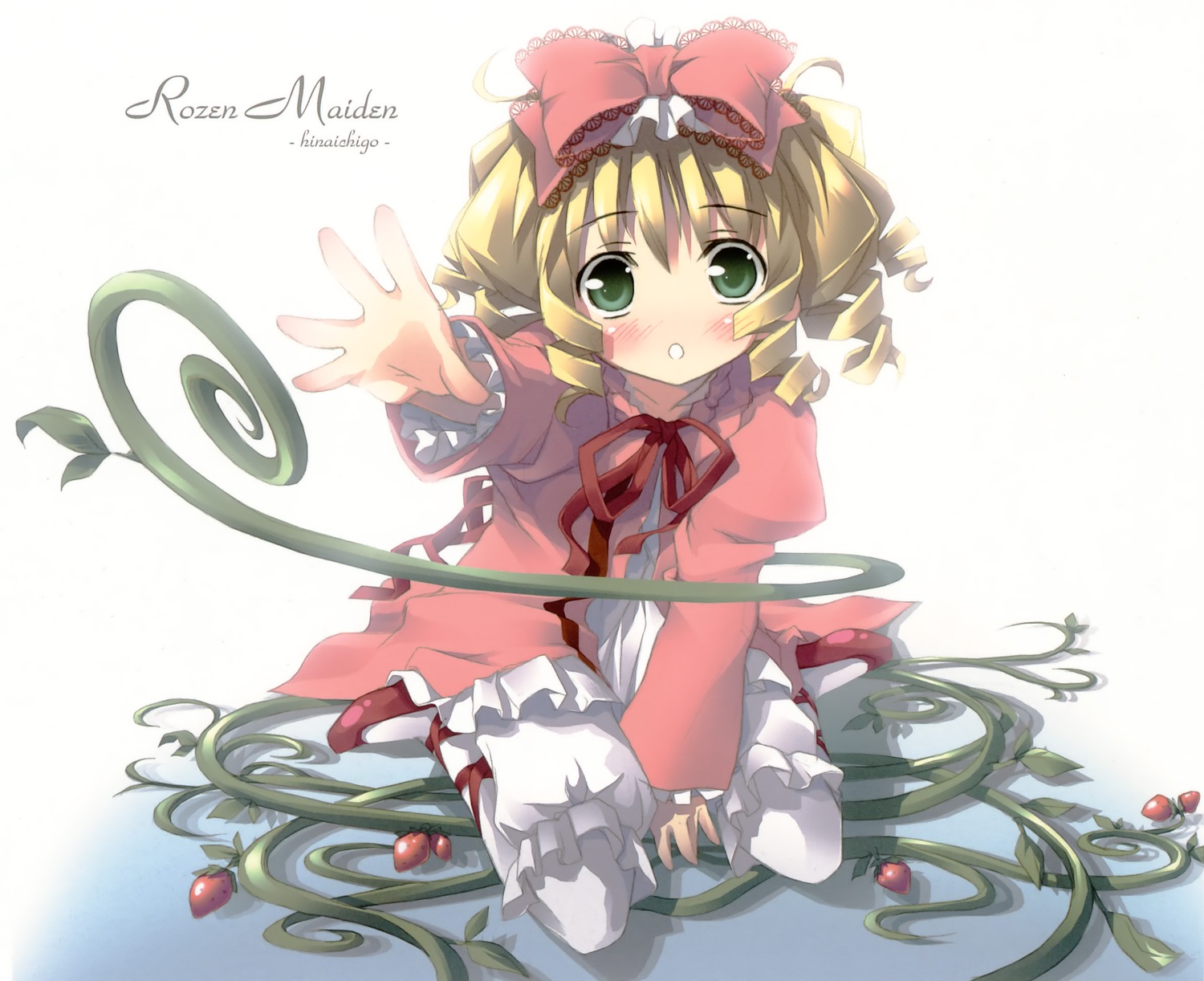 1girl :o blonde_hair bloomers blush bow character_name copyright_name dress drill_hair food frills fruit full_body green_eyes hair_bow hina_ichigo hinaichigo image kantoku kneeling long_sleeves looking_at_viewer no_nose object_namesake outstretched_hand pantyhose photoshop_(medium) pink_bow pink_shirt plant red_bow red_footwear rozen_maiden shirt shoes short_hair solo strawberry twin_drills underwear vines watermark web_address white_background white_bloomers white_legwear