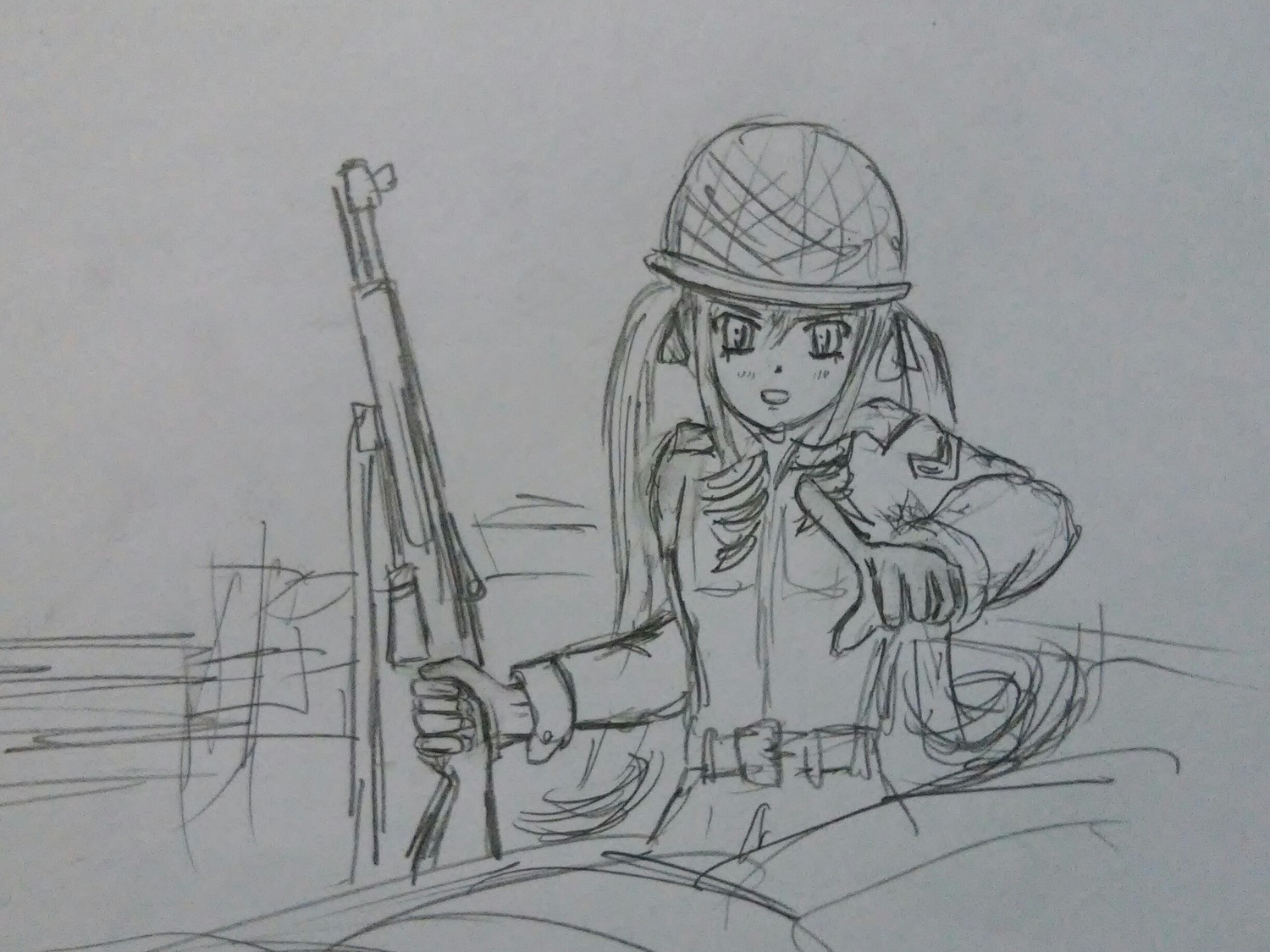 1girl hat image long_hair military monochrome open_mouth photo sketch solo suigintou traditional_media twintails weapon