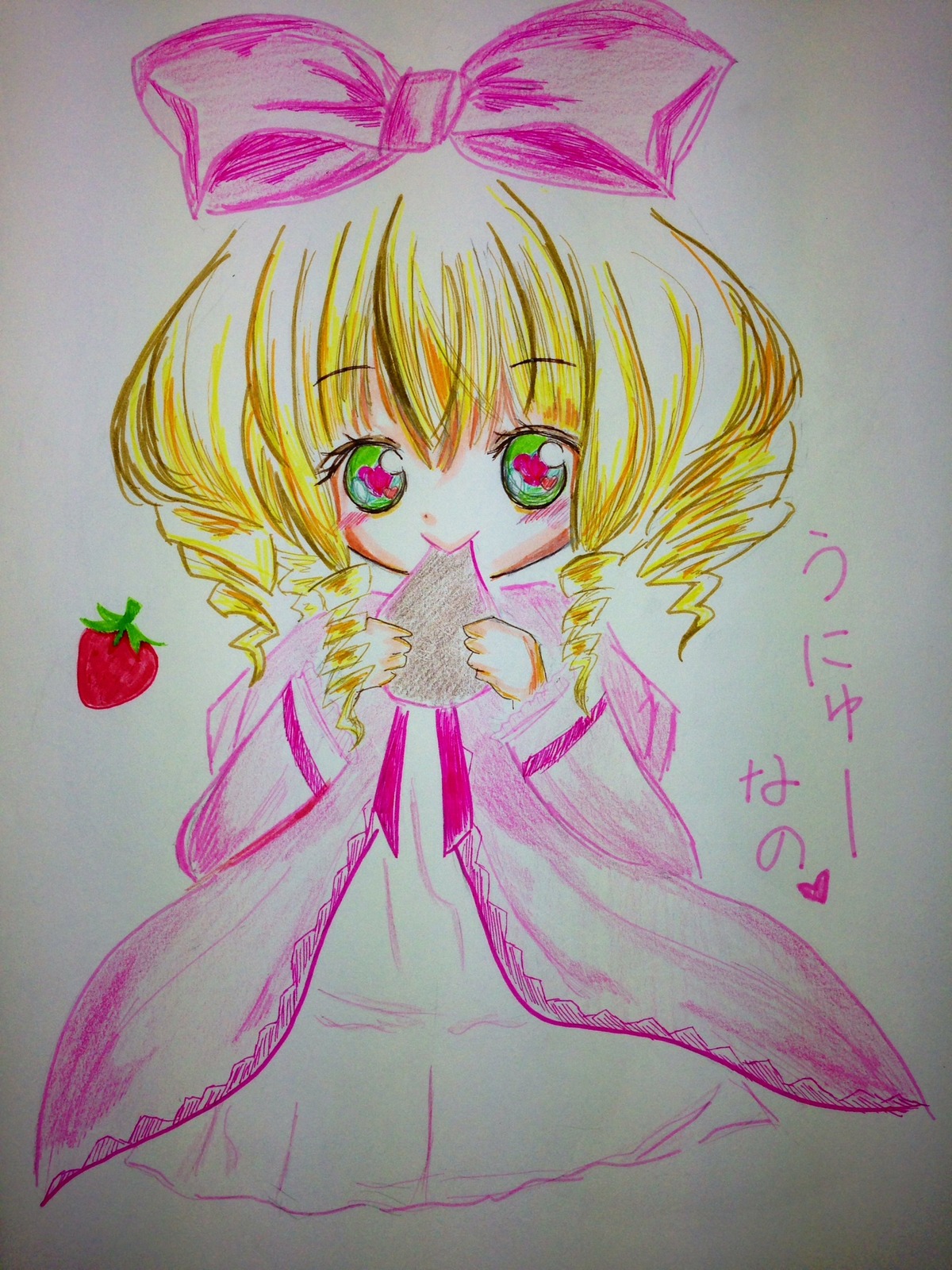 1girl auto_tagged blonde_hair blush bow colored_pencil_(medium) dress drill_hair eyebrows_visible_through_hair food fruit heart hina_ichigo hinaichigo image long_sleeves looking_at_viewer photo pink_bow short_hair solo strawberry symbol-shaped_pupils traditional_media