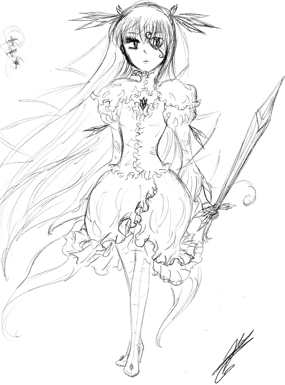 1girl barasuishou bare_shoulders dress frills greyscale high_heels image long_hair monochrome sketch solo standing thighhighs very_long_hair