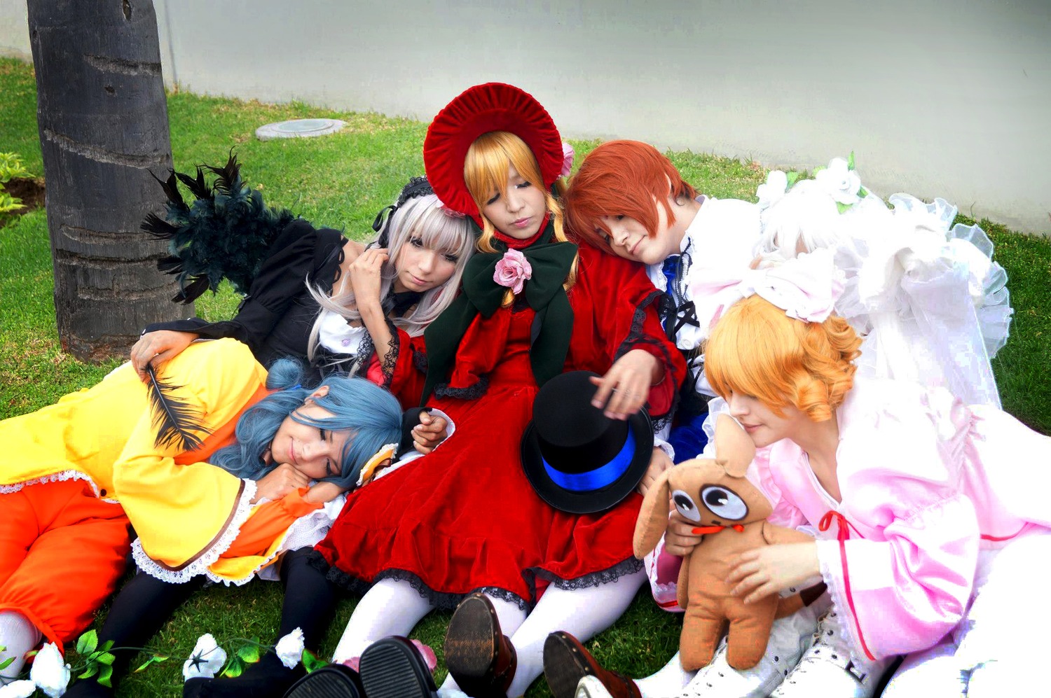4girls blonde_hair blue_hair closed_eyes dress flower frills hat jacket long_hair multiple_boys multiple_cosplay multiple_girls realistic silver_hair tagme umbrella
