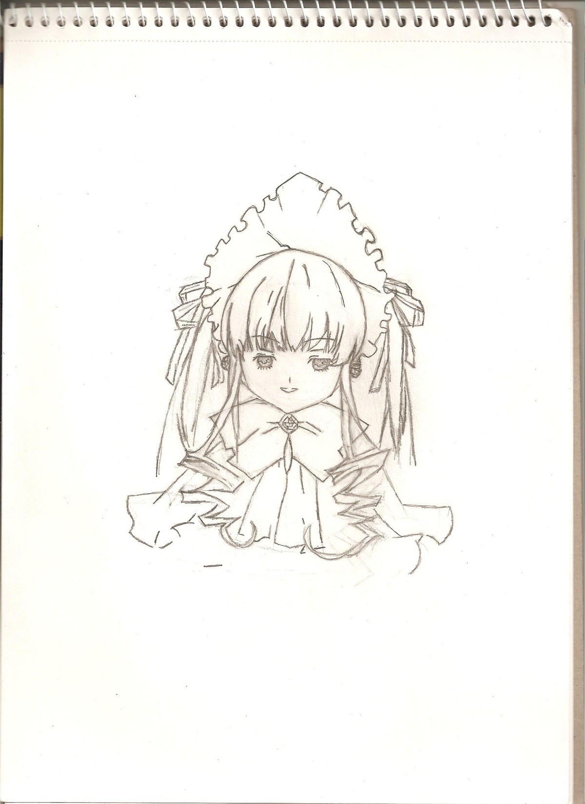 1girl auto_tagged bowtie frills image long_hair long_sleeves looking_at_viewer monochrome shinku simple_background smile solo upper_body white_background