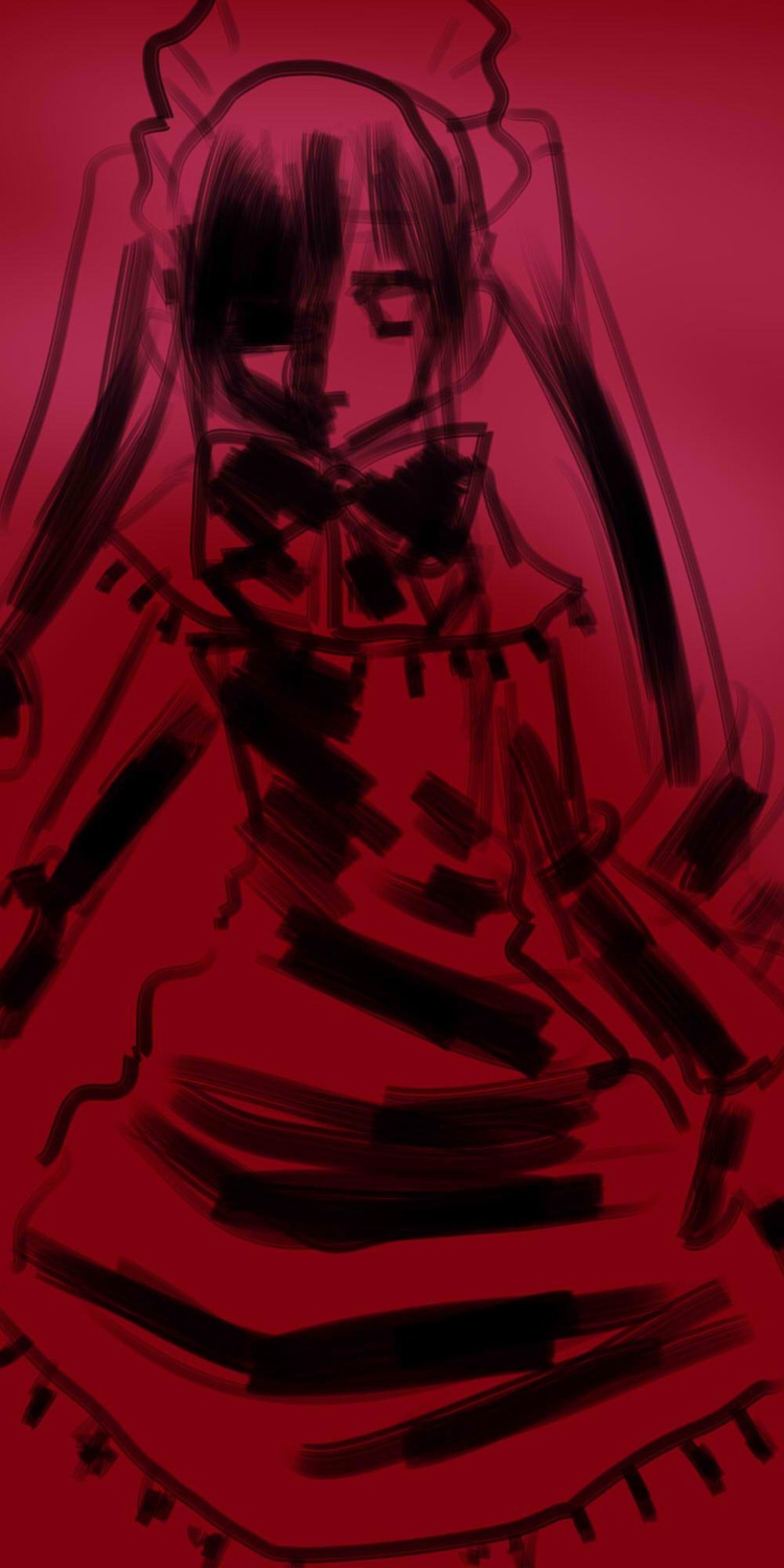 1girl dress image long_hair maid maid_headdress monochrome red_background red_theme shinku solo weapon